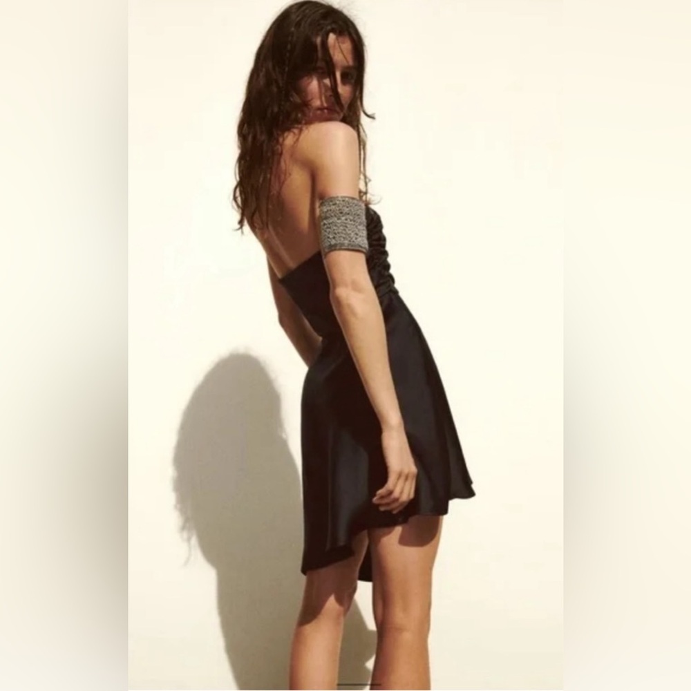 Zara Satin Effect Black Strapless Asymmetrical Draped Cocktail Dress - Size XL - Picture 3 of 9